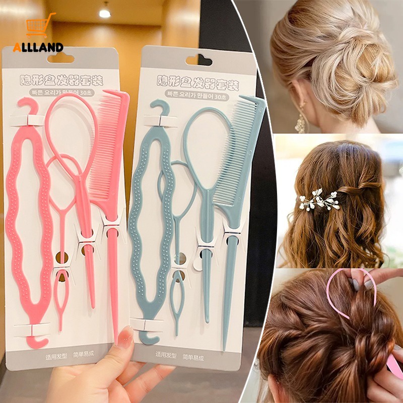 4 ชิ้น / เซต เครื่องมือจัดแต่งทรงผม DIY หวีถักเปีย ขนมปัง ปิ่นปักผม สําหรับผู้หญิง อุปกรณ์ทําผม
