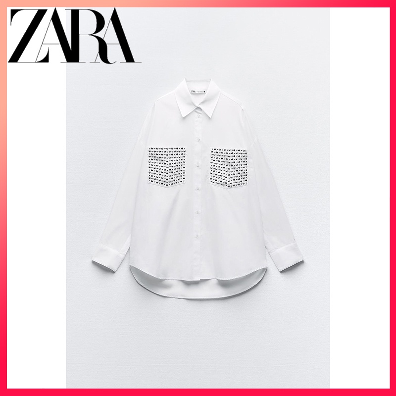 Zara ใหม่ เสื้อเชิ้ตป๊อปลิน ทรงหลวม ประดับหมุด แฟชั่นฤดูใบไม้ร่วงและฤดูหนาว สําหรับผู้หญิง