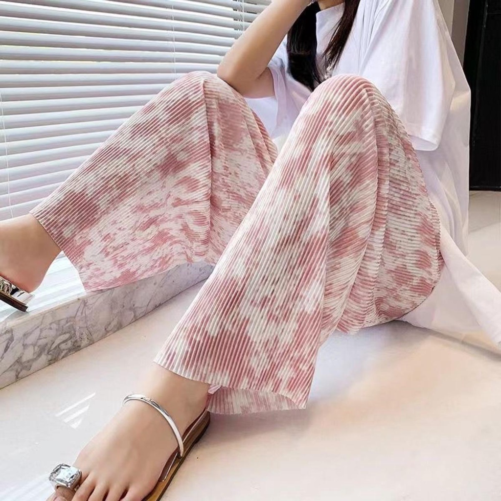 กางเกงอัดพลีทขายาวผู้หญิง แฟชั่น ราคาถูก สีสันสวย เนื้อผ้านิ่ม บางเบา สาวอวบใส่ได้ Free size