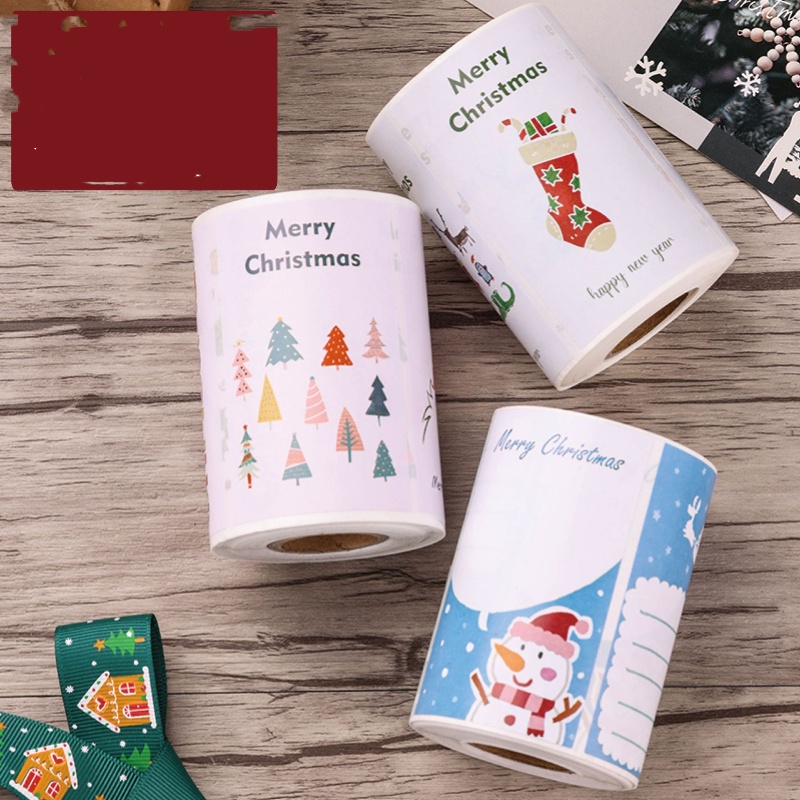 【300 ชิ้น/ม้วน】สติกเกอร์ซีล ทรงสี่เหลี่ยมผืนผ้า ลายคริสต์มาส Merry Christmas 5 ซม.
