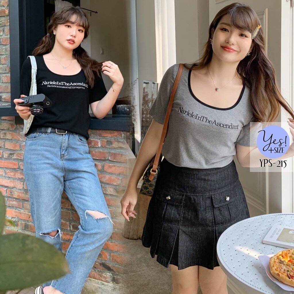 เสื้อยืดแขนสั้นสาวอวบ อก 36-52+ นิ้ว เสื้อคอU เข้ารูป ปักตัวหนังสือ ผ้าร่องเล็กยืดดีมากๆ สีดำ/เทา YPS-215