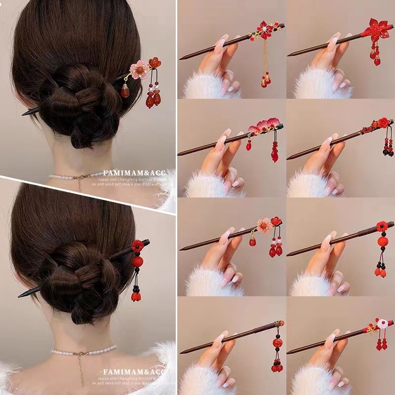 กิ๊บติดผมแฟชั่น ประดับพู่ สีแดง สไตล์จีนโบราณ