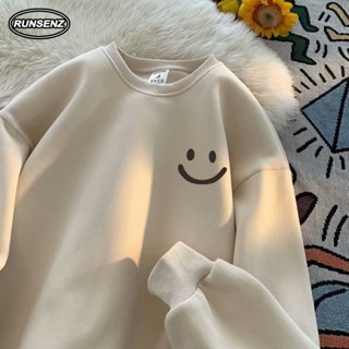 เสื้อยืดกันหนาว คอกลม แขนยาว พิมพ์ลายหน้ายิ้ม ทรงหลวม ขนาดให…