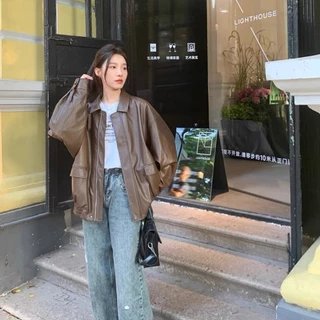 (จัดส่งจากกรุงเทพฯ) ฤดูใบไม้ร่วงรูปแบบใหม่ เสื้อผ้าผู้หญิงสไตล์เกาหลี อเมริกันหลวม แจ็คเก็ตหนังมีสไตล์（Q173）