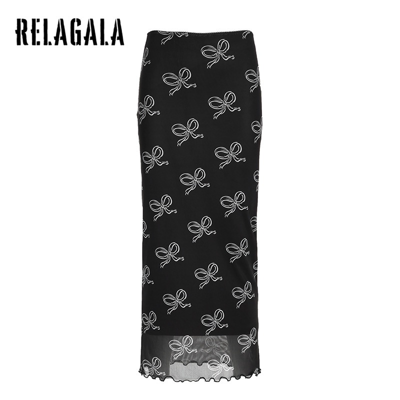 Relagala ใหม่ ชุดเดรสยาว ผ้าตาข่าย พิมพ์ลายโบว์ สไตล์เรโทร สําหรับสตรี 2024