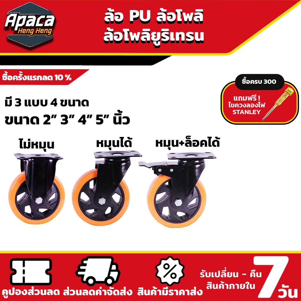 ล้อรถเข็น ล้อ PU โพรีคยูริเทน 3 แบบ ไม่หมุน หมุน หมุนล็อก มี 4ขนาด 2นิ้ว,3นิ้ว,4นิ้ว,5นิ้ว รับน้ำหนั