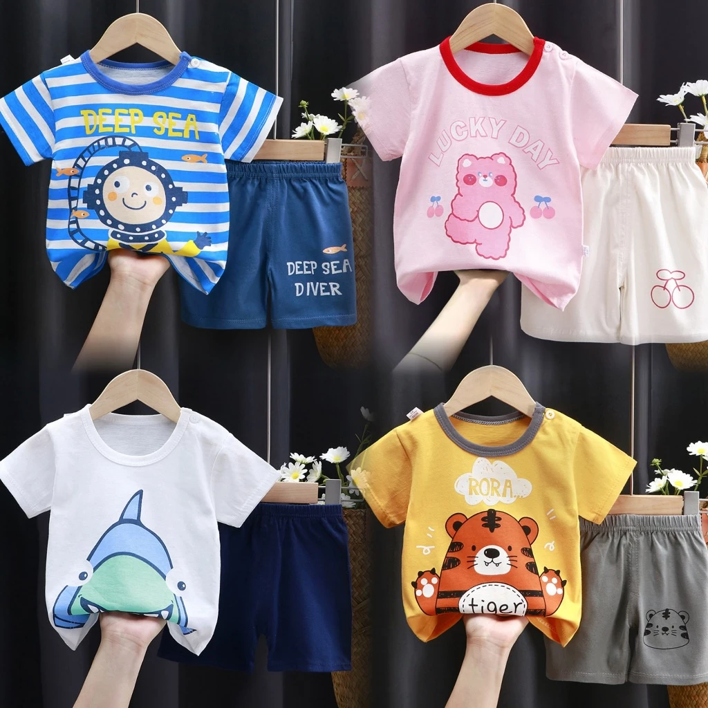 เสื้อแขนสั้น+กางเกงขาสั้น ชุดเด็ก เสื้อผ้าเด็กชายหญิง เสื้อกล้ามเด็ก ลายการ์ตูนน่ารัก ใส่สบาย