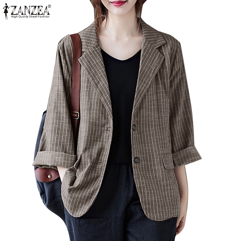 Zanzea เสื้อเบลเซอร์ลําลอง แขนยาว ทรงหลวม ลายทาง มีกระเป๋าด้านข้าง สไตล์เกาหลี สําหรับผู้หญิง