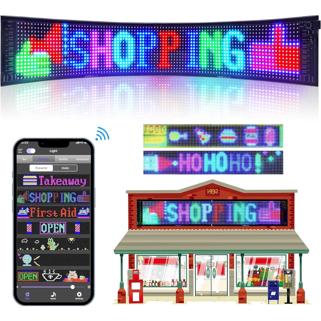 UNOLUX RGB กันน้ำ โมดูลสีเต็มจอแสดงผล LED ป้ายไฟวิ่งสำเร็จรูปพร้อมใช้งานได้ทันที ปรับเปลี่ยนข้อความได้ตลอด การควบคุมโทรศัพท์มือถือ