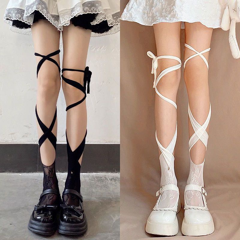 ถุงเท้าลูกไม้ แบบผูกเชือก สีขาว สไตล์เกาหลี ญี่ปุ่น สําหรับผู้หญิง