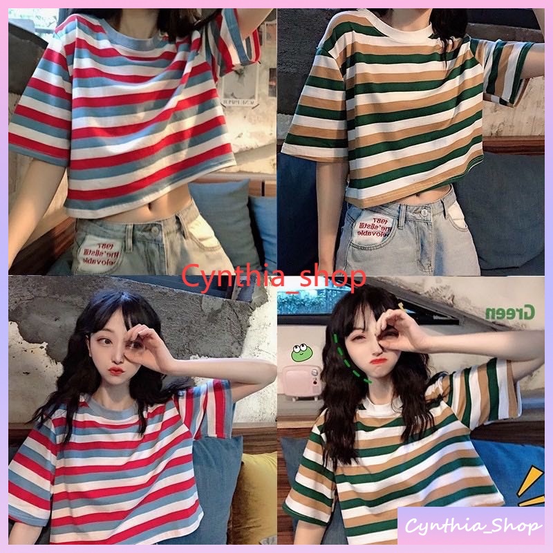 💖Cynthia💖 เสื้อยืดเอวลอย ลายทาง เสื้อยืดแฟชั่น 🌈 #9335
