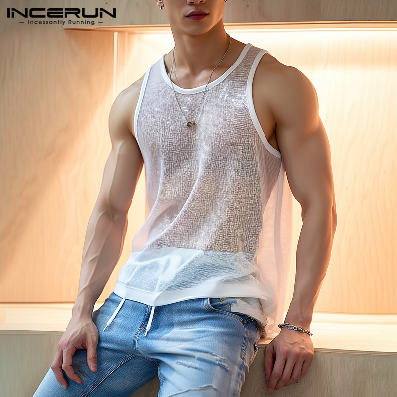 Incerun เสื้อกล้ามลําลอง แขนกุด สีพื้น สไตล์เกาหลี แฟชั่นสําหรับผู้ชาย