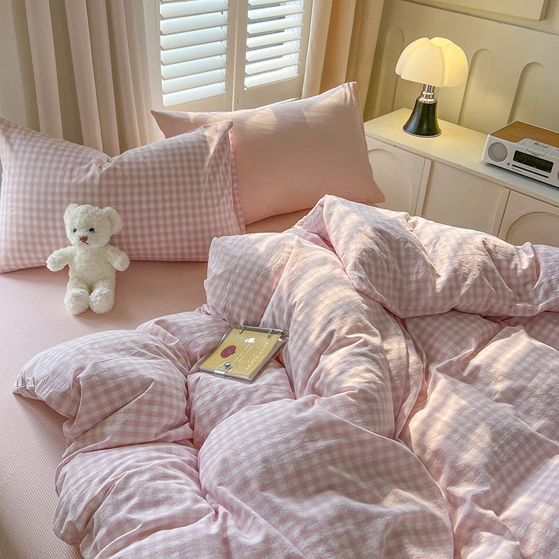 Cadar 4 in Pink Grid 1 ชุดเครื่องนอน ผ้าปูที่นอน 3 in 1 แบบแบน / ติดตั้ง ชุดผ้าปูที่นอนเดี่ยว / ควีน / คิงไซส์