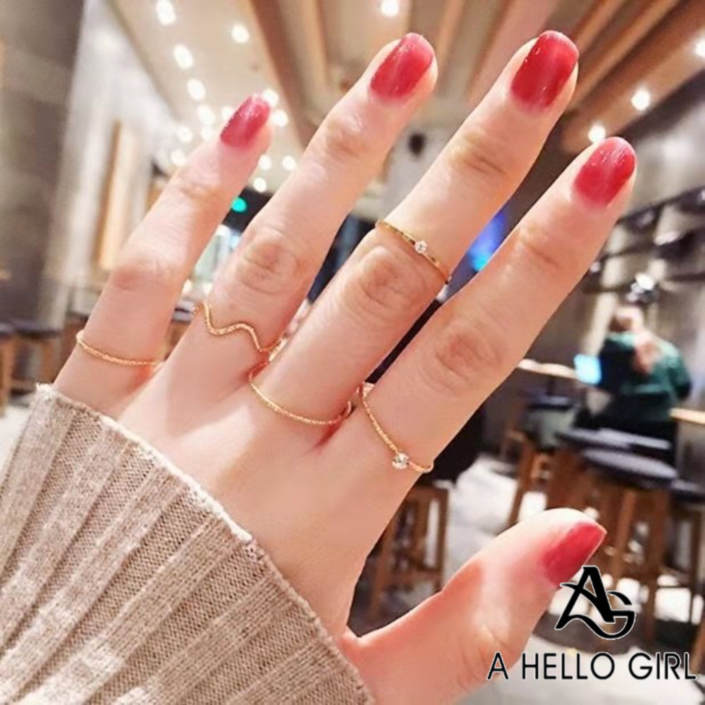 A HELLO GIRL 5 ชิ้น / เซต ด้ายคลื่น เกาหลี พร้อมแหวนเพชร แหวนนิ้วชี้ สําหรับผู้หญิง แฟชั่นเรียบง่าย