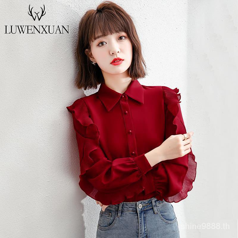 เสื้อกันหนาว ผ้าชีฟอง แต่งระบาย สีแดง แฟชั่นฤดูใบไม้ผลิ สไตล์ตะวันตก สําหรับผู้หญิง XQPS