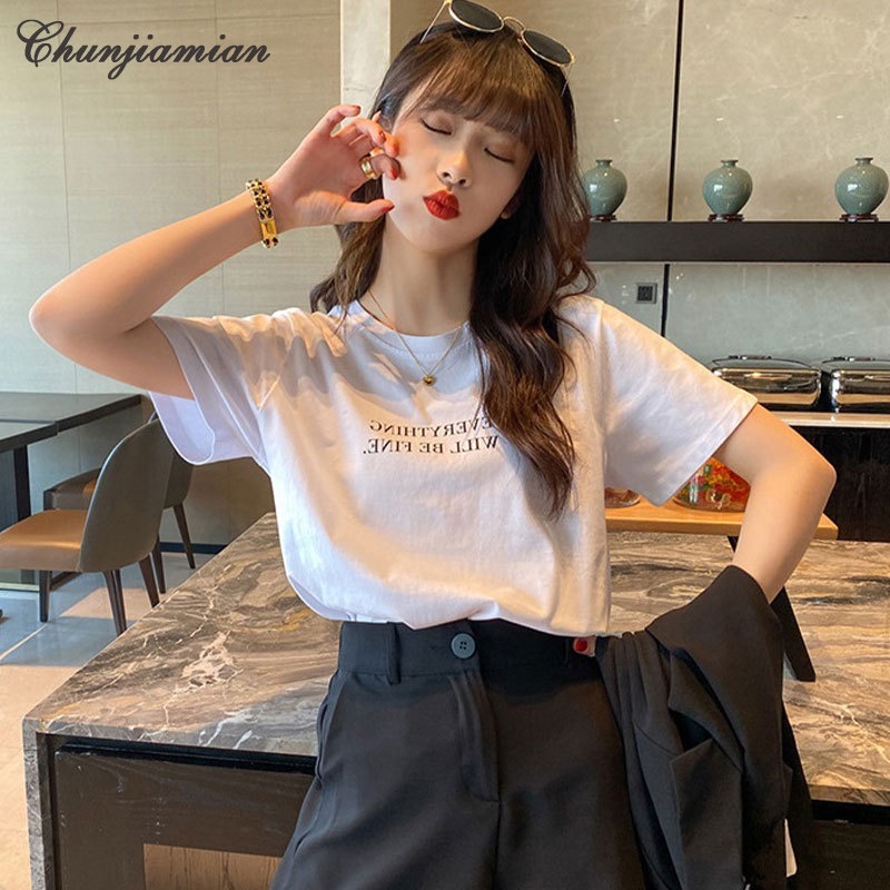Chunjiamian เสื้อยืด คอกลม แขนสั้น พิมพ์ลาย ทรงหลวม แฟชั่นฤดูร้อน สําหรับผู้หญิง