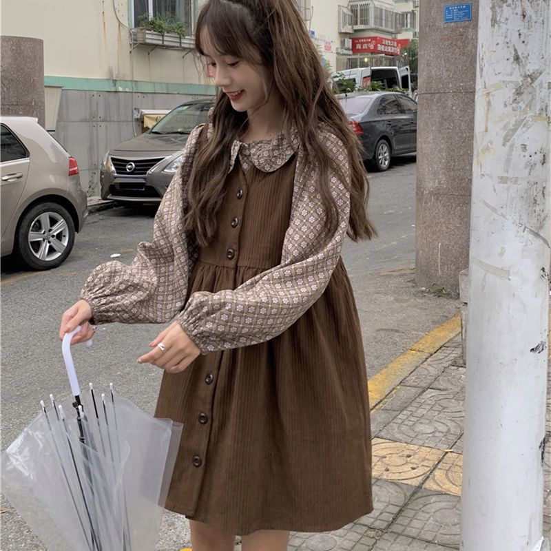 เสื้อเชิ้ตแขนยาว คอตุ๊กตา ลายดอกไม้ และชุดเดรสสายเดี่ยว สไตล์ญี่ปุ่น สําหรับผู้หญิง