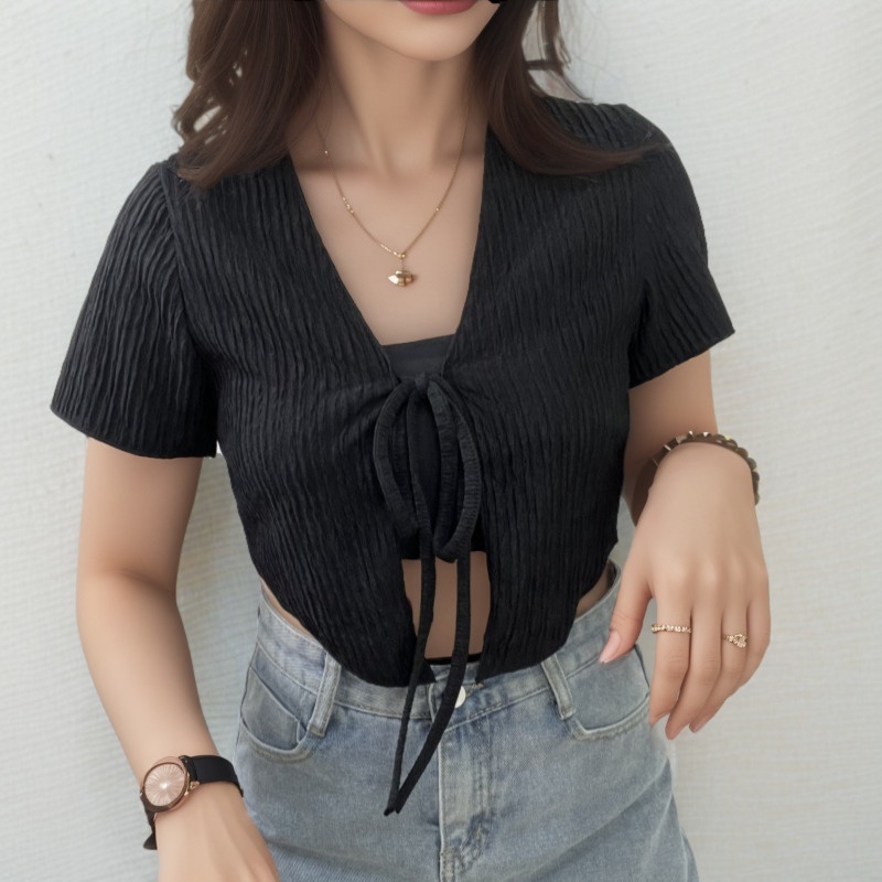 suysuy พร้อมส่ง เสื้อครอป y2k เอวลอย สายฝอ ผูกโบว์ รูปที่ 5