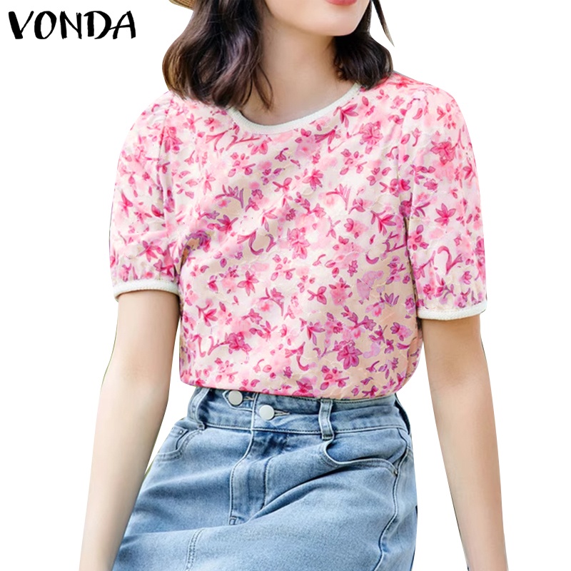 Vonda เสื้อเบลาส์ คอกลม แขนสั้น ลายดอกไม้ ขนาดเล็ก สไตล์เกาหลี สําหรับผู้หญิง