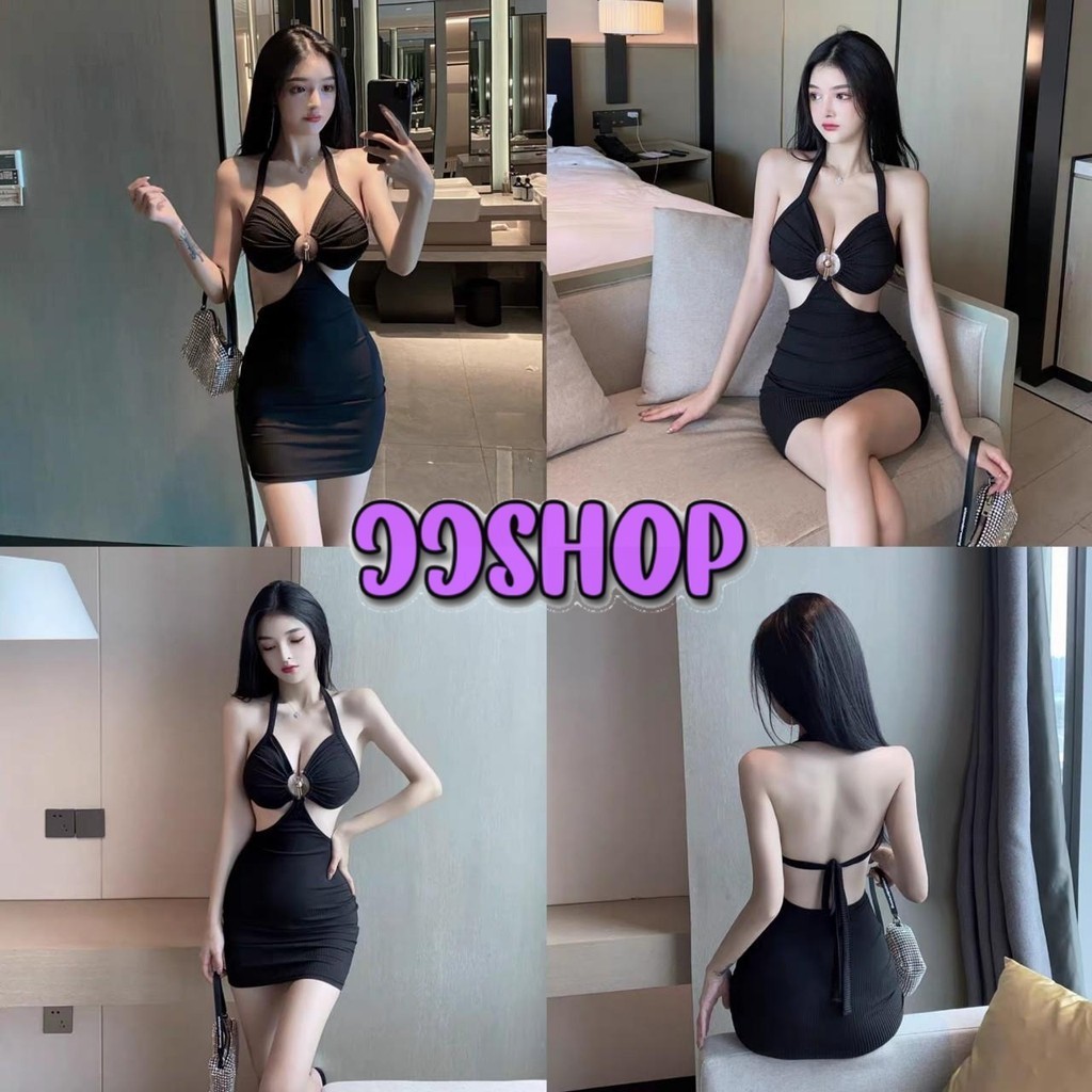 JJ Shop​💜​พร้อมส่ง ชุดมินิเดรสคล้องคอ สีดำเว้าหน้าหลัง แต่งผูกด้านหลังเซ็กซี่ "FY2101" -H