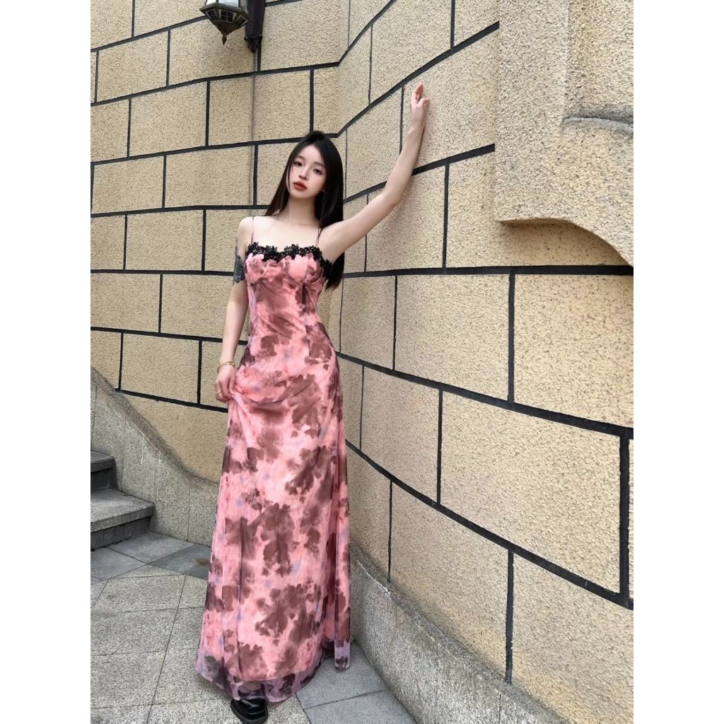 เดรสยาวสีชมพูสายเดี่ยว เซ็ต2ชิ้น คอแต่งลูกไม้ กระโปรงทรงเอ ไม่มีซับใน แถม!เสื้อคลุมแขนยาวสีดำ #9223 - รูปที่ 6