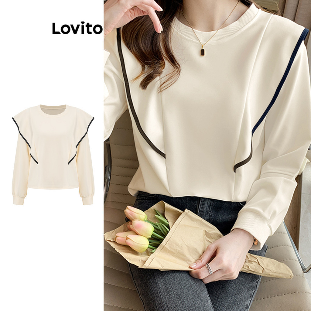 Lovito เสื้อสเวตเตอร์ผู้หญิง แต่งขอบสี แต่งระบาย สีพื้น สไตล์ลำลอง L97AD203