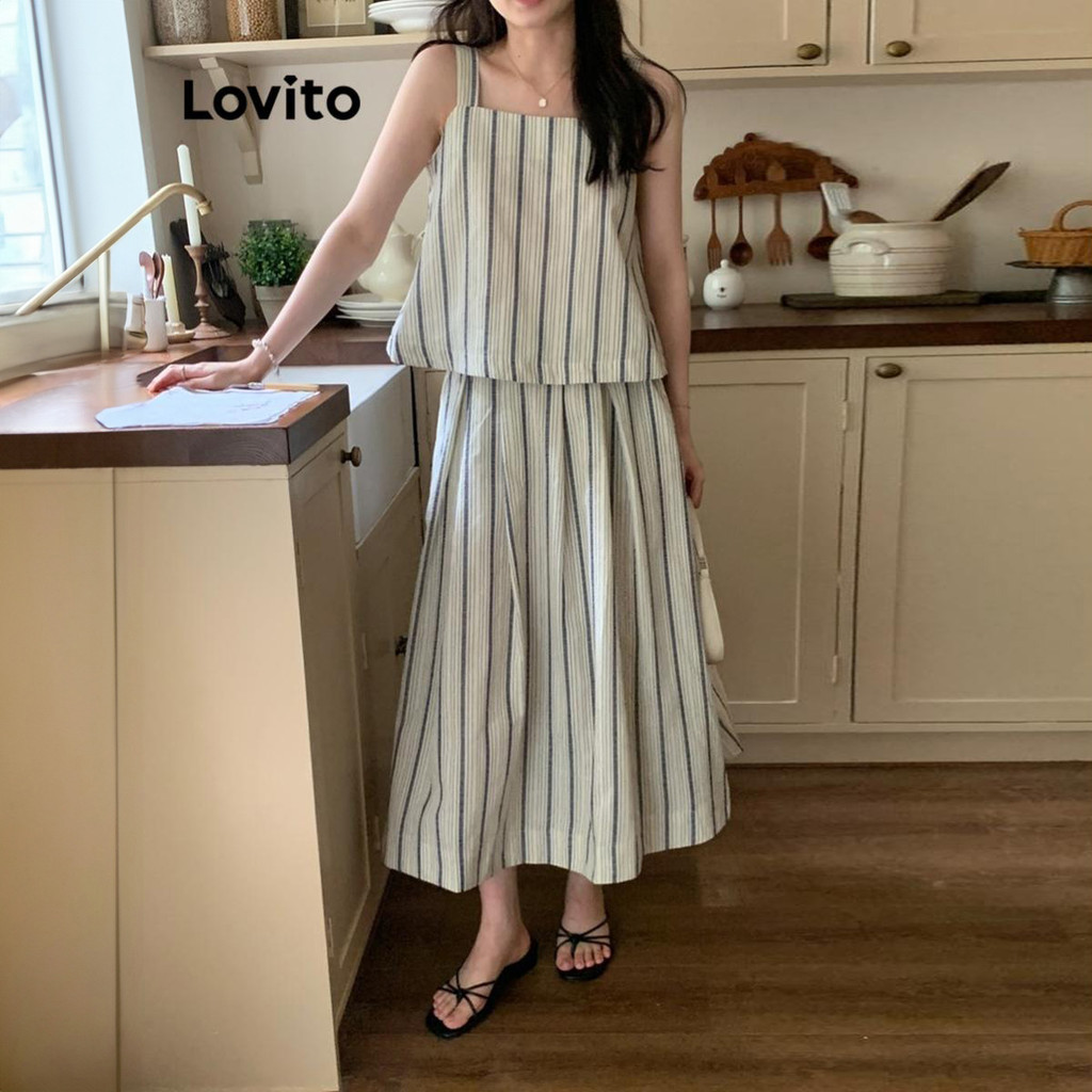 Lovito ชุดเซ็ทกระโปรงผู้หญิง ลายทาง คัลเลอร์บล็อก สไตล์ลำลอง LNM70258