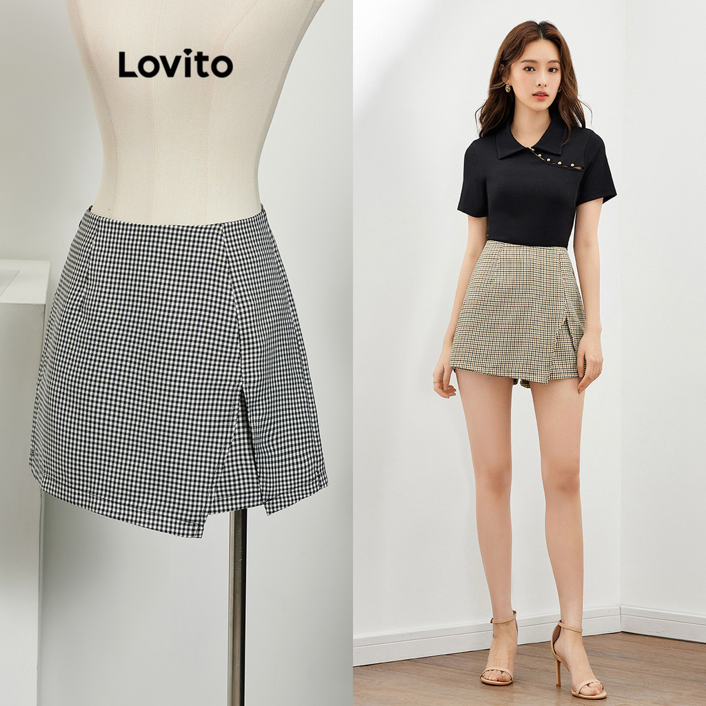 Lovito กางเกงขาสั้น มีซิปหน้า แบบผ่า ลาสก๊อต สไตล์ลำลอง สำหรับผู้หญิง L47ED038 (หลากสี)