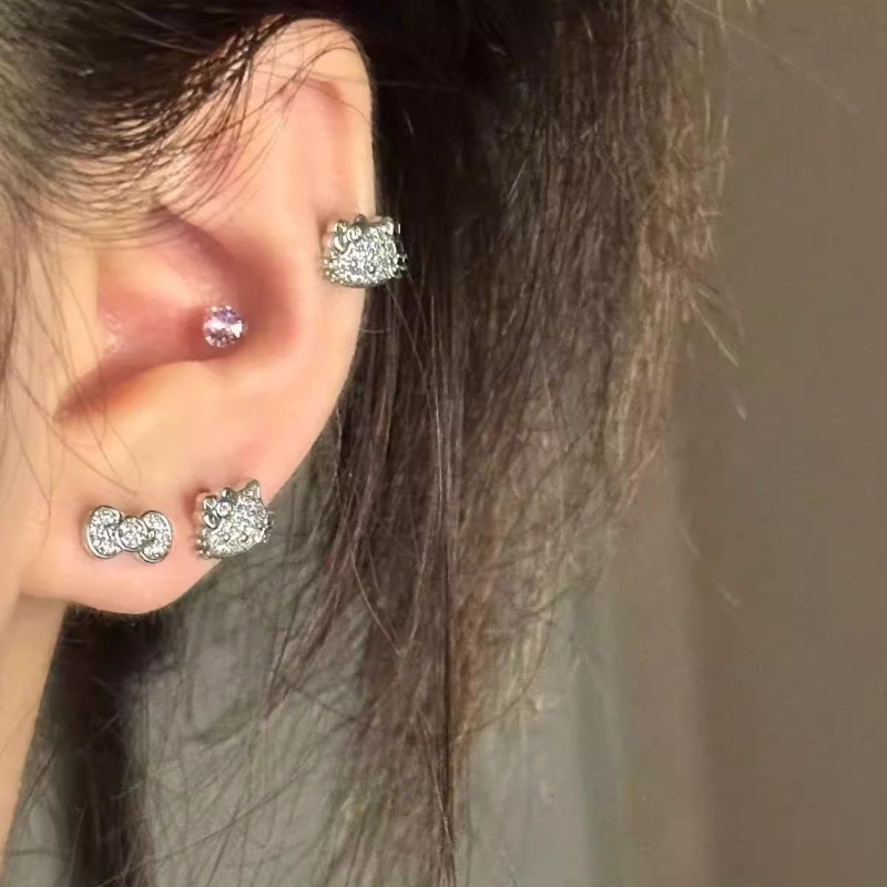 เราดอกไม้เกาหลีส925เงินประกายคริสตัลคิตตี้แมวสกรูต่างหูสําหรับผู้หญิงสาวเจาะหูกระดุมเครื่องประดับ - รูปที่ 2