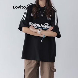 Lovito เสื้อยืดลําลอง พิมพ์ลายตัวอักษร สีตัดกัน สําหรับผู้หญิง LNE21011 (สีดํา)