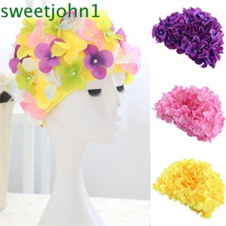 Sweetjohn หมวกว่ายน้ํา แฮนด์เมด ยืดหยุ่น ลายดอกไม้ สําหรับผู้หญิง