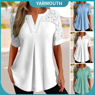 Yyr--เสื้อยืดลําลอง คอวี แขนสั้น ซีทรู ปักลายลูกไม้ ดอกไม้ สีพื้น ทรงหลวม สําหรับสตรี