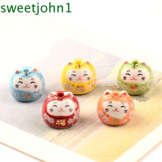 Sweetjohn ลูกปัดเซรามิค ลายแมว พร้อมรู สีสันสดใส สําหรับทําเครื่องประดับ DIY 2 ชิ้น