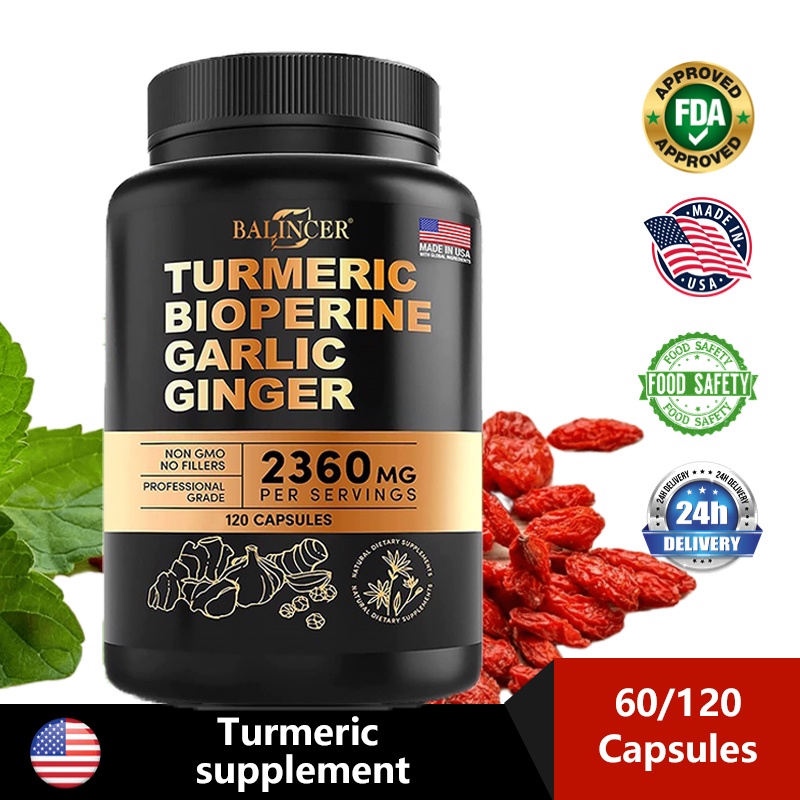 Capsules ขมิ้นชีวเคมี และสารสกัดจากขิง 100% Organic Turmeric Curcumin 120 แคปซูล Vegan