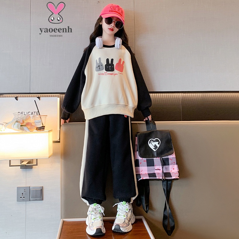 【YAOEENH】พร้อมส่ง ชุดเสื้อกันหนาวลําลอง พิมพ์ลายตัวอักษร สองชิ้น ขนาดใหญ่ 120-170 ซม. แฟชั่นฤดูใบไม้ผลิ ฤดูใบไม้ร่วง สไตล์เกาหลี สําหรับเด็กผู้หญิง