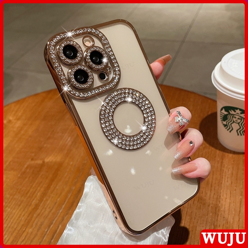 Wuju เคสโทรศัพท์มือถือแบบนิ่ม ใส กันกระแทก แต่งพลอยเทียม กลิตเตอร์ พลอยเทียม หรูหรา สําหรับ iPhone 11 12 13 14 15 16 Pro Max