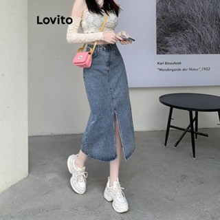 Lovito กระโปรงยีน ลําลอง ผ่าข้าง สําหรับผู้หญิง LNE24295 (สีฟ้า)