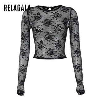 Relagala ใหม่ เสื้อยืดลําลอง แขนสั้น เข้ารูป แต่งลูกไม้ สีพื้น เซ็กซี่ แฟชั่นสําหรับสตรี 2023