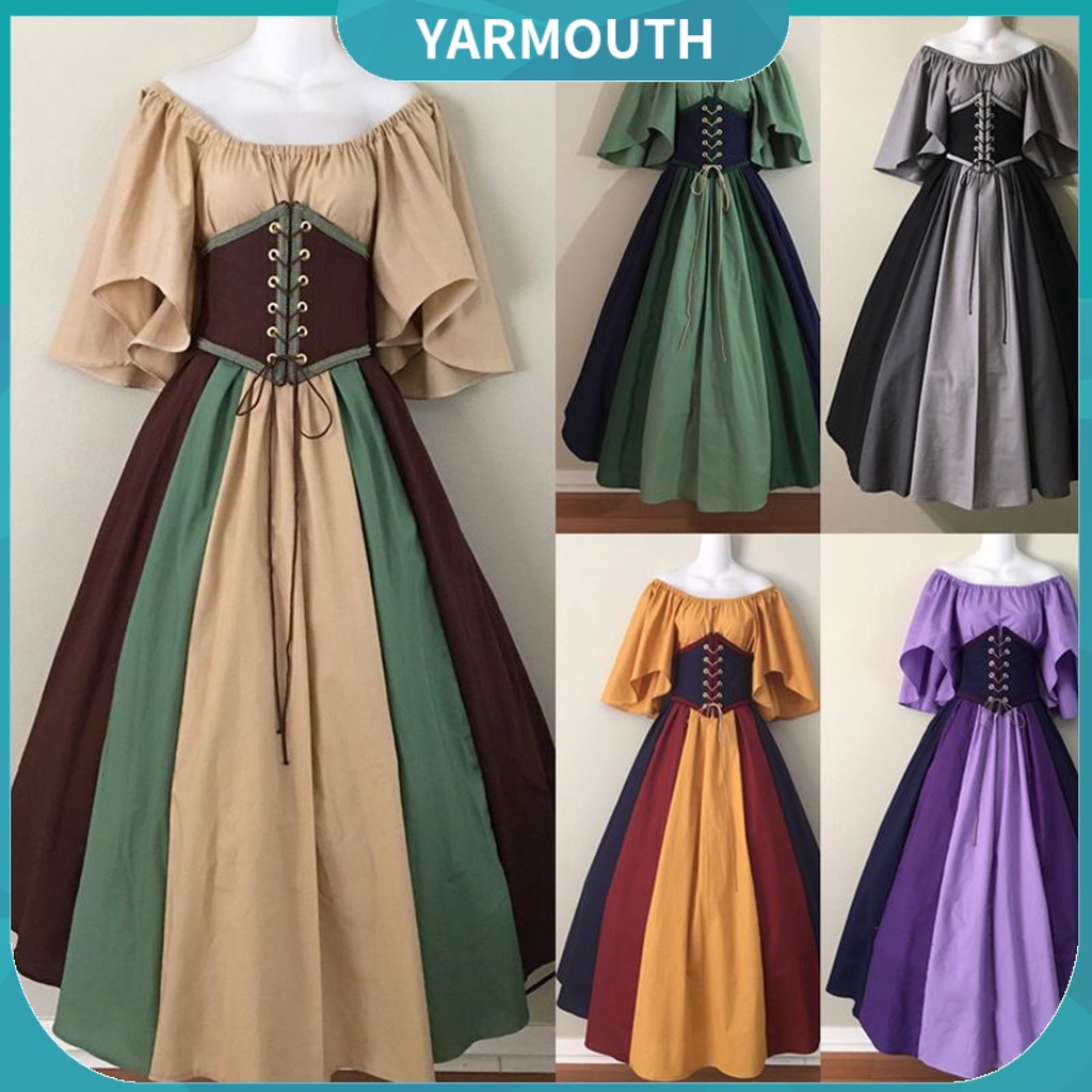 [YYR] ชุดเดรสแม็กซี่ เปิดไหล่ ทรงเอ จับจีบ ขนาดใหญ่ สีตัดกัน สไตล์วินเทจ ฮาโลวีน ปาร์ตี้ สําหรับผู้หญิง