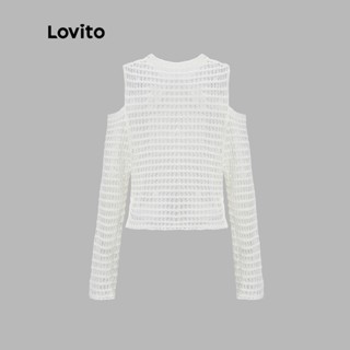 Lovito เสื้อถักลำลอง สีพื้น คัทเอาท์ สำหรับสตรี L54ED057 (ขาว/ดำ)