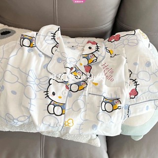 SANRIO ชุดนอน เสื้อคาร์ดิแกนแขนสั้น กางเกงขาสั้น ลายการ์ตูน Hello Kitty น่ารัก แฟชั่นฤดูร้อน สําหรับผู้หญิง [BK]