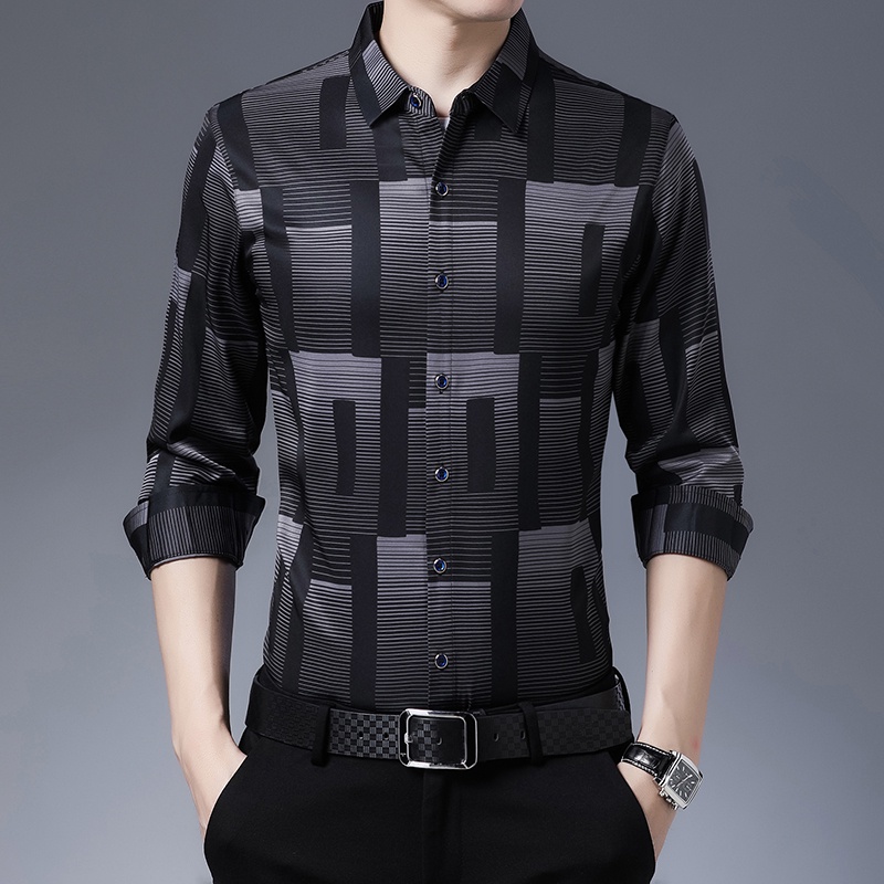ใหม่ เสื้อเชิ้ตลําลอง แขนยาว ลายสก็อต เข้ารูป แฟชั่นฤดูใบไม้ผลิ ฤดูใบไม้ร่วง สําหรับผู้ชาย