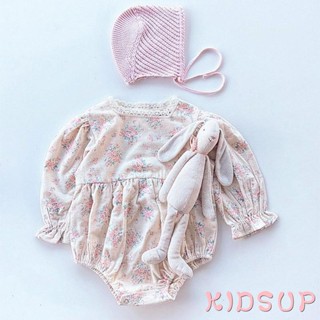 Kidsup1- ชุดบอดี้สูทรอมเปอร์ แขนยาว พิมพ์ลายดอกไม้ แต่งลูกไม้ สําหรับเด็กทารกแรกเกิด