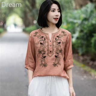 Summer retro high-end cotton and linen embroidered V-neck T-shirt womens artistic loose slimming shirt breathable top