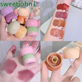 Sweetjohn ลิปสติก ลิปกลอส เนื้อแมตต์ กันน้ํา ลายหมี ฟักทอง สีชมพู สีม่วง สําหรับผู้หญิง 4 สี