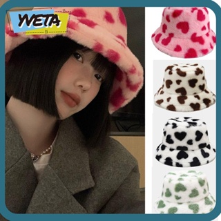 Yveta หมวกบักเก็ต ผ้ากํามะหยี่ขนนิ่ม แบบหนา ให้ความอบอุ่น ลายหัวใจน่ารัก สไตล์ชาวประมง สําหรับผู้หญิง