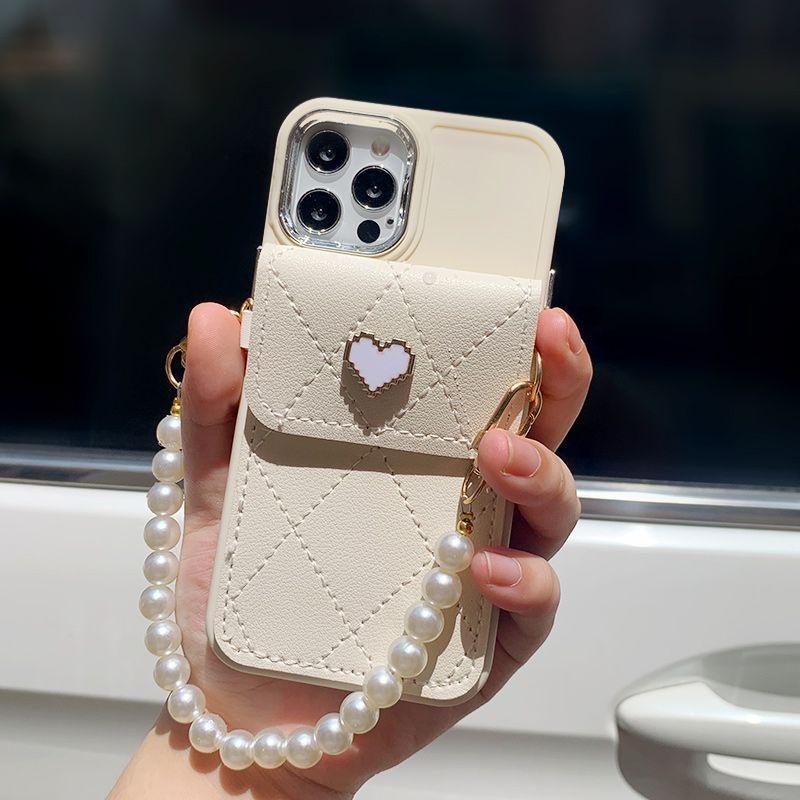 เคสโทรศัพท์มือถือหนัง กันกระแทก พร้อมสายคล้อง ประดับไข่มุก สีชมพู และสีขาว สําหรับ IPhone Case 15 14 ProMax 11 13 12 ProMax X Xs Xr 7 8 Plus