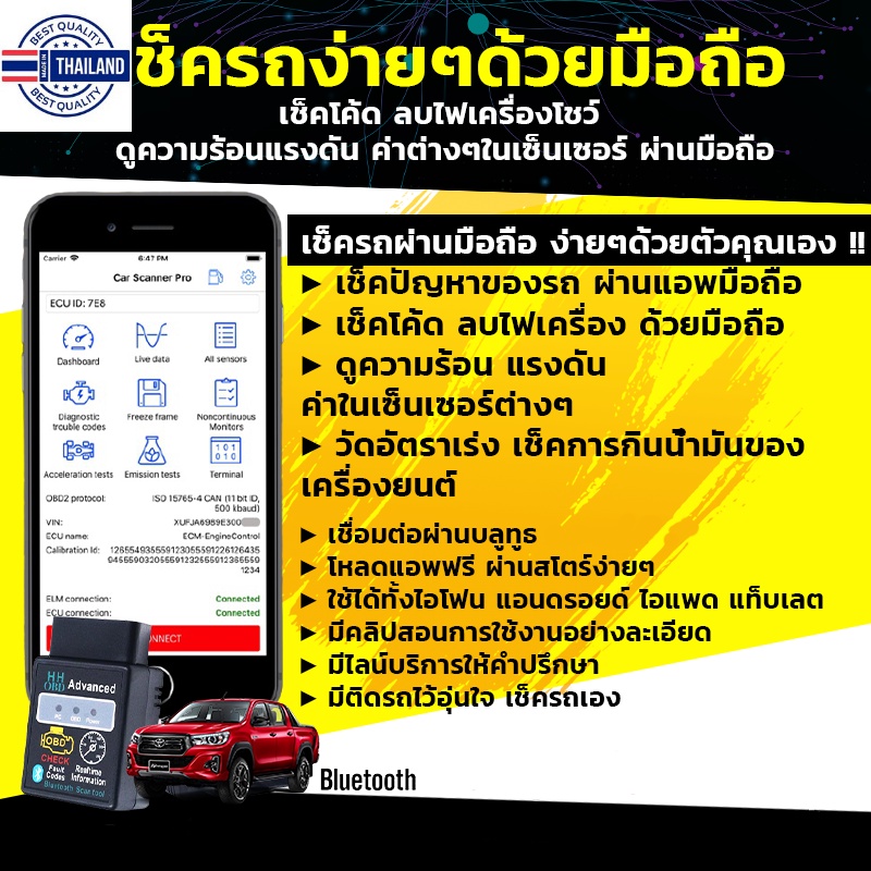เครื่องมือช่างซ่อมรถ ภาษาไทย เครื่องแสกนรถยนต์ obd2 scanner ลเครื่องโชว์ ตรวจเช็ครถ เครื่องมือสแกนเนอร์