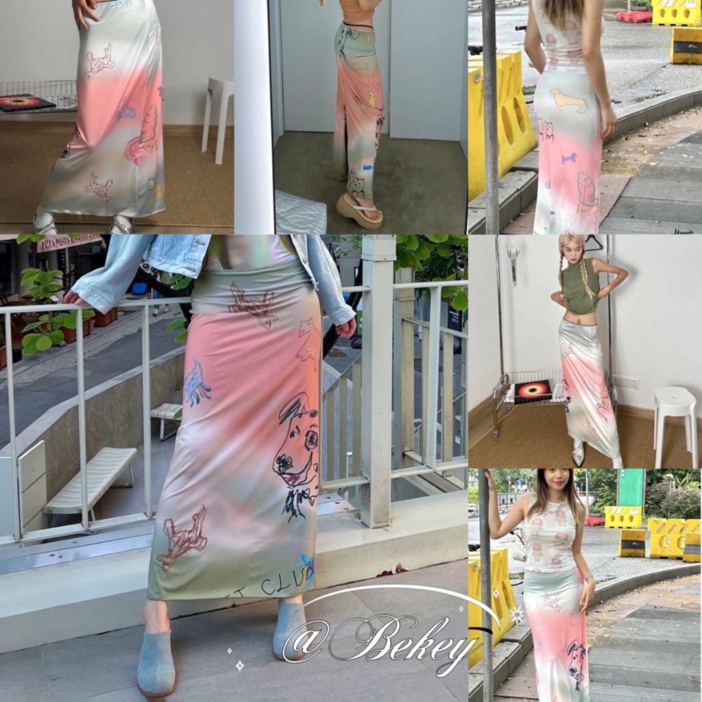 (จัดส่งจากกรุงเทพ🇹🇭) กระโปรงยาว พิมพ์ลายสุนัข ความยืดหยุ่น สีไล่ระดับสี การพักผ่อนของผู้หญิง ฤดูร้อนที่เพรียวบาง
