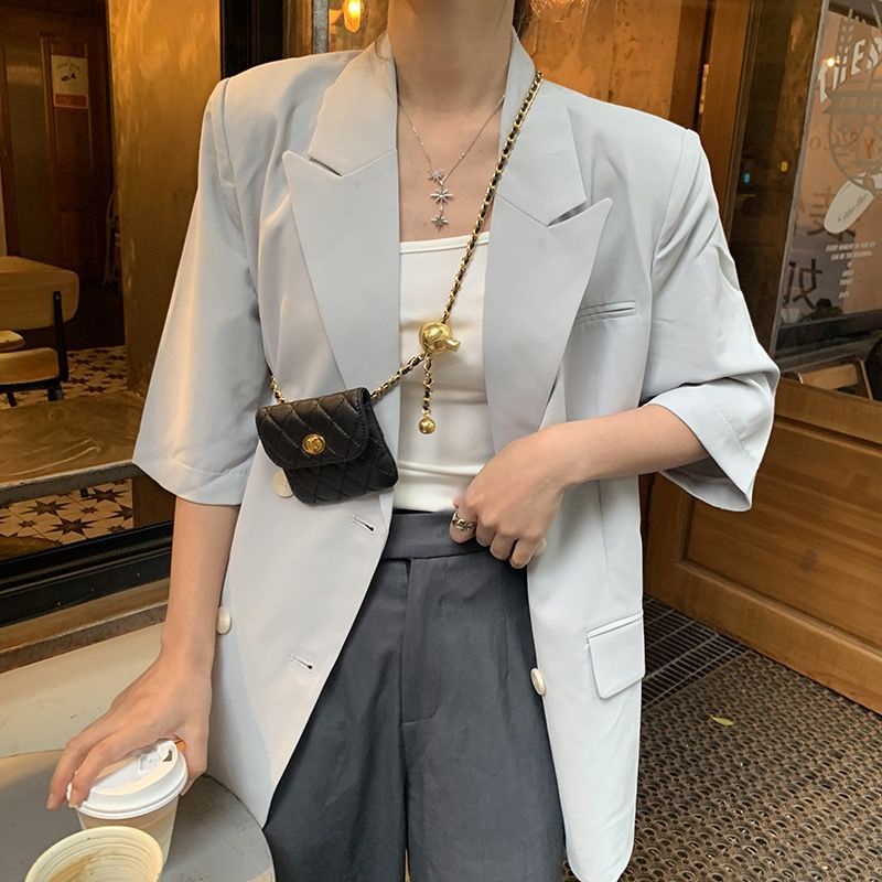 กระเป๋าคาดเอว แต่งสายโซ่ ประดับลูกปัดเพชร ขนาดเล็ก แฟชั่นฤดูร้อน สําหรับผู้หญิง